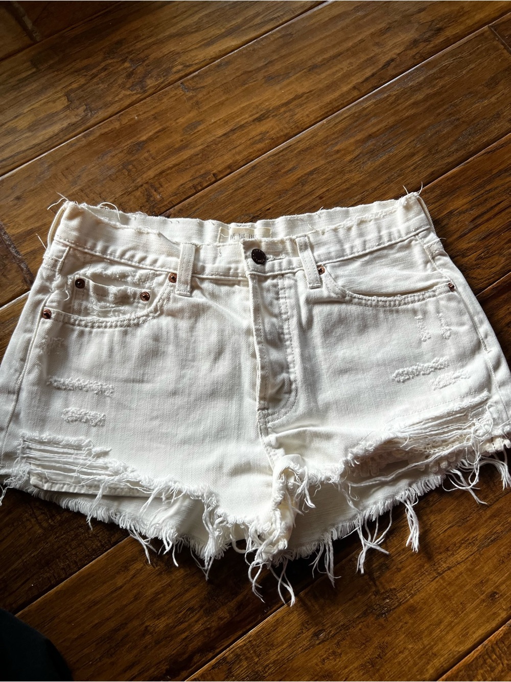 Free People White Jean Shorts Daisy Chain Crochet Pocket